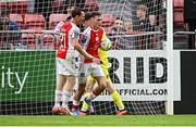 23 May 2025; Mason Melia of St Patrick's Athletic, right, after scoring their side's first goal during the SSE Airtricity Men's Premier Division match between St Patrick's Athletic and Waterford at Richmond Park in Dublin. Photo by Seb Daly/Sportsfile