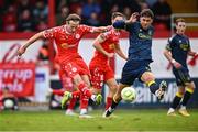 23 May 2025; Harry Wood of Shelbourne in action against Matty Wolfe of Sligo Rovers during the SSE Airtricity Men's Premier Division match between Shelbourne and Sligo Rovers at Tolka Park in Dublin. Photo by Piaras Ó Mídheach/Sportsfile
