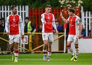 23 May 2025; Mason Melia of St Patrick's Athletic, centre, celebrates with teammate Anto Breslin after scoring their side's second goal during the SSE Airtricity Men's Premier Division match between St Patrick's Athletic and Waterford at Richmond Park in Dublin. Photo by Seb Daly/Sportsfile