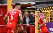 23 May 2025; John Martin of Shelbourne celebrates scoring his side's first goal during the SSE Airtricity Men's Premier Division match between Shelbourne and Sligo Rovers at Tolka Park in Dublin. Photo by Piaras Ó Mídheach/Sportsfile