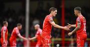 23 May 2025; John Martin of Shelbourne celebrates with team-mate John O'Sullivan, 16, after scoring their side's first goal during the SSE Airtricity Men's Premier Division match between Shelbourne and Sligo Rovers at Tolka Park in Dublin. Photo by Piaras Ó Mídheach/Sportsfile