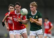 23 May 2025; Maidhc Ó Sé of Kerry in action against Samuel Kelleher Leavy of Cork during the Electric Ireland Munster GAA Football Minor Championship final match between Kerry and Cork at Austin Stack Park in Tralee, Kerry. Photo by Brendan Moran/Sportsfile