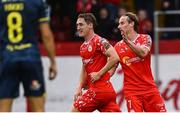 23 May 2025; John Martin of Shelbourne celebrates with team-mate Harry Wood, right, after scoring his side's second goal during the SSE Airtricity Men's Premier Division match between Shelbourne and Sligo Rovers at Tolka Park in Dublin. Photo by Piaras Ó Mídheach/Sportsfile