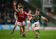 23 May 2025; Ben Kelliher of Kerry in action against Ben Coffey of Cork during the Electric Ireland Munster GAA Football Minor Championship final match between Kerry and Cork at Austin Stack Park in Tralee, Kerry. Photo by Brendan Moran/Sportsfile