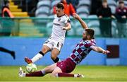 23 May 2025; Dayle Rooney of Bohemians is tackled by Conor Keeley of Drogheda United during the SSE Airtricity Men's Premier Division match between Drogheda United and Bohemians at Sullivan & Lambe Park in Drogheda, Louth. Photo by Shauna Clinton/Sportsfile