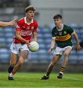 23 May 2025; Jerry O’Leary of Cork in action against Tadhg O’Connell of Kerry during the Electric Ireland Munster GAA Football Minor Championship final match between Kerry and Cork at Austin Stack Park in Tralee, Kerry. Photo by Brendan Moran/Sportsfile