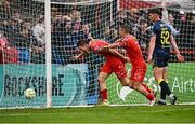 23 May 2025; John Martin of Shelbourne, left, celebrates with team-mate Tyreke Wilson after scoring their side's third goal, for his hat-trick, during the SSE Airtricity Men's Premier Division match between Shelbourne and Sligo Rovers at Tolka Park in Dublin. Photo by Piaras Ó Mídheach/Sportsfile