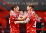 23 May 2025; John Martin of Shelbourne, left, celebrates with team-mate Kameron Ledwidge after scoring their side's third goal, for his hat-trick, during the SSE Airtricity Men's Premier Division match between Shelbourne and Sligo Rovers at Tolka Park in Dublin. Photo by Piaras Ó Mídheach/Sportsfile