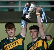23 May 2025; Kevin Griffin, left, and Gearóid White of Kerry lift the cup after the Electric Ireland Munster GAA Football Minor Championship final match between Kerry and Cork at Austin Stack Park in Tralee, Kerry. Photo by Brendan Moran/Sportsfile
