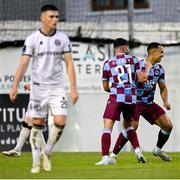 23 May 2025; Douglas James-Taylor of Drogheda United, right, celebrates after scoring his side's first goal during the SSE Airtricity Men's Premier Division match between Drogheda United and Bohemians at Sullivan & Lambe Park in Drogheda, Louth. Photo by Shauna Clinton/Sportsfile