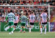 23 May 2025; Michael Noonan of Shamrock Rovers, 31, heads his side's first goal past Derry City goalkeeper Brian Maher during the SSE Airtricity Men's Premier Division match between Derry City and Shamrock Rovers at The Ryan McBride Brandywell Stadium in Derry. Photo by Stephen McCarthy/Sportsfile