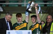 23 May 2025; Kevin Griffin, left, and Gearóid White of Kerry lift the cup after the Electric Ireland Munster GAA Football Minor Championship final match between Kerry and Cork at Austin Stack Park in Tralee, Kerry. Photo by Brendan Moran/Sportsfile