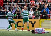 23 May 2025; Michael Noonan of Shamrock Rovers celebrates after scoring his side's first goal with tea-mate Danny Mandroiu, left, during the SSE Airtricity Men's Premier Division match between Derry City and Shamrock Rovers at The Ryan McBride Brandywell Stadium in Derry. Photo by Stephen McCarthy/Sportsfile