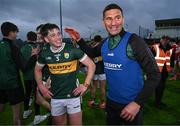 23 May 2025; Kerry manager Wayne Quillinan and Eoghan Joy celebrate after the Electric Ireland Munster GAA Football Minor Championship final match between Kerry and Cork at Austin Stack Park in Tralee, Kerry. Photo by Brendan Moran/Sportsfile