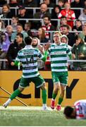 23 May 2025; Michael Noonan of Shamrock Rovers celebrates after scoring his side's first goal with tea-mate Danny Mandroiu, left, during the SSE Airtricity Men's Premier Division match between Derry City and Shamrock Rovers at The Ryan McBride Brandywell Stadium in Derry. Photo by Stephen McCarthy/Sportsfile