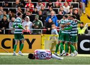 23 May 2025; Shamrock Rovers players celebrate after Michael Noonan scored their side's first goal during the SSE Airtricity Men's Premier Division match between Derry City and Shamrock Rovers at The Ryan McBride Brandywell Stadium in Derry. Photo by Stephen McCarthy/Sportsfile