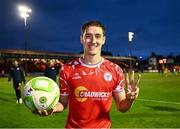 23 May 2025; John Martin of Shelbourne with the match ball after scoring a hat-trick in his side's victory in the SSE Airtricity Men's Premier Division match between Shelbourne and Sligo Rovers at Tolka Park in Dublin. Photo by Piaras Ó Mídheach/Sportsfile