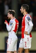 23 May 2025; St Patrick's Athletic players Zach Elbouzedi, riight, and Jay McClelland after the SSE Airtricity Men's Premier Division match between St Patrick's Athletic and Waterford at Richmond Park in Dublin. Photo by Seb Daly/Sportsfile