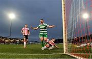 23 May 2025; Aaron McEneff of Shamrock Rovers celebrates after scoring his side's second goal during the SSE Airtricity Men's Premier Division match between Derry City and Shamrock Rovers at The Ryan McBride Brandywell Stadium in Derry. Photo by Stephen McCarthy/Sportsfile