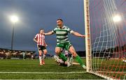 23 May 2025; Aaron McEneff of Shamrock Rovers celebrates after scoring his side's second goal during the SSE Airtricity Men's Premier Division match between Derry City and Shamrock Rovers at The Ryan McBride Brandywell Stadium in Derry. Photo by Stephen McCarthy/Sportsfile