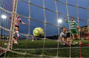 23 May 2025; Michael Noonan of Shamrock Rovers celebrates after team-mate Aaron McEneff, not pictured, scored their second and winning goal past Derry City goalkeeper Brian Maher during the SSE Airtricity Men's Premier Division match between Derry City and Shamrock Rovers at The Ryan McBride Brandywell Stadium in Derry. Photo by Stephen McCarthy/Sportsfile
