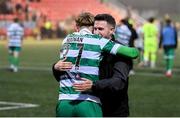 23 May 2025; Shamrock Rovers manager Stephen Bradley and Michael Noonan celebrate after the SSE Airtricity Men's Premier Division match between Derry City and Shamrock Rovers at The Ryan McBride Brandywell Stadium in Derry. Photo by Stephen McCarthy/Sportsfile