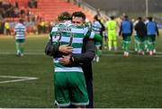 23 May 2025; Shamrock Rovers manager Stephen Bradley and Michael Noonan celebrate after the SSE Airtricity Men's Premier Division match between Derry City and Shamrock Rovers at The Ryan McBride Brandywell Stadium in Derry. Photo by Stephen McCarthy/Sportsfile