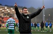 23 May 2025; Shamrock Rovers manager Stephen Bradley celebrates after the SSE Airtricity Men's Premier Division match between Derry City and Shamrock Rovers at The Ryan McBride Brandywell Stadium in Derry. Photo by Stephen McCarthy/Sportsfile