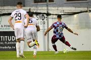23 May 2025; Douglas James-Taylor of Drogheda United shoots to score his side's first goal during the SSE Airtricity Men's Premier Division match between Drogheda United and Bohemians at Sullivan & Lambe Park in Drogheda, Louth. Photo by Shauna Clinton/Sportsfile