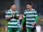 23 May 2025; Danny Grant, left, and Matt Healy of Shamrock Rovers share a laugh after the SSE Airtricity Men's Premier Division match between Derry City and Shamrock Rovers at The Ryan McBride Brandywell Stadium in Derry. Photo by Stephen McCarthy/Sportsfile