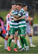 23 May 2025; Jack Byrne, left, and Danny Grant of Shamrock Rovers celebrate after the SSE Airtricity Men's Premier Division match between Derry City and Shamrock Rovers at The Ryan McBride Brandywell Stadium in Derry. Photo by Stephen McCarthy/Sportsfile
