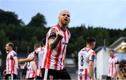 23 May 2025; Mark Connolly of Derry City celebrates after team-mate Danny Mullen, not pictured, scored their goal during the SSE Airtricity Men's Premier Division match between Derry City and Shamrock Rovers at The Ryan McBride Brandywell Stadium in Derry. Photo by Stephen McCarthy/Sportsfile