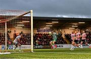 23 May 2025; Michael Noonan of Shamrock Rovers heads his side's first goal past Derry City goalkeeper Brian Maher during the SSE Airtricity Men's Premier Division match between Derry City and Shamrock Rovers at The Ryan McBride Brandywell Stadium in Derry. Photo by Stephen McCarthy/Sportsfile