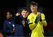 23 May 2025; Waterford players Sam Glenfield, left, and goalkeeper Stephen McMullan after the SSE Airtricity Men's Premier Division match between St Patrick's Athletic and Waterford at Richmond Park in Dublin. Photo by Seb Daly/Sportsfile