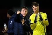 23 May 2025; Waterford players Sam Glenfield, left, and goalkeeper Stephen McMullan after the SSE Airtricity Men's Premier Division match between St Patrick's Athletic and Waterford at Richmond Park in Dublin. Photo by Seb Daly/Sportsfile