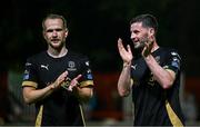 23 May 2025; Waterford players Padraig Amond, right, and Rowan McDonald after the SSE Airtricity Men's Premier Division match between St Patrick's Athletic and Waterford at Richmond Park in Dublin. Photo by Seb Daly/Sportsfile