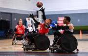 24 May 2025; Chris Meneilly of Ulster Barbarians in action against Jonny Mulhall of Laois Lions during the Irish Wheelchair Rugby League final match between Ulster Barbarians and Laois Lions at the IWA Sports Centre in Clontarf, Dublin. The Irish Wheelchair Rugby League came to its conclusion at IWA-Sport, Clontarf, where Cork’s Rebel Wheelers Multi-Sport Club, Leinster Wheelchair Rugby Club and Ulster Barbarians faced off to decide who’d be crowned league champions. The league went right down to the wire with all three sides still mathematically able to clinch the title. Photo by Tyler Miller/Sportsfile