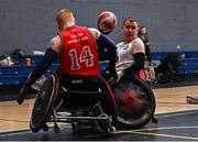 24 May 2025; Seamus Ó Fátharta of Laois Lions in action against Andy Allen of Ulster Barbarians during the Irish Wheelchair Rugby League final match between Ulster Barbarians and Laois Lions at the IWA Sports Centre in Clontarf, Dublin. The Irish Wheelchair Rugby League came to its conclusion at IWA-Sport, Clontarf, where Cork’s Rebel Wheelers Multi-Sport Club, Leinster Wheelchair Rugby Club and Ulster Barbarians faced off to decide who’d be crowned league champions. The league went right down to the wire with all three sides still mathematically able to clinch the title. Photo by Tyler Miller/Sportsfile