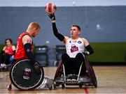 24 May 2025; Seamus Ó Fátharta of Laois Lions in action against Andy Allen of Ulster Barbarians during the Irish Wheelchair Rugby League final match between Ulster Barbarians and Laois Lions at the IWA Sports Centre in Clontarf, Dublin. The Irish Wheelchair Rugby League came to its conclusion at IWA-Sport, Clontarf, where Cork’s Rebel Wheelers Multi-Sport Club, Leinster Wheelchair Rugby Club and Ulster Barbarians faced off to decide who’d be crowned league champions. The league went right down to the wire with all three sides still mathematically able to clinch the title. Photo by Tyler Miller/Sportsfile