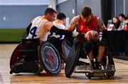 24 May 2025; Chris Meneilly of Ulster Barbarians in action against Seamus Ó Fátharta of Laois Lions during the Irish Wheelchair Rugby League final match between Ulster Barbarians and Laois Lions at the IWA Sports Centre in Clontarf, Dublin. The Irish Wheelchair Rugby League came to its conclusion at IWA-Sport, Clontarf, where Cork’s Rebel Wheelers Multi-Sport Club, Leinster Wheelchair Rugby Club and Ulster Barbarians faced off to decide who’d be crowned league champions. The league went right down to the wire with all three sides still mathematically able to clinch the title. Photo by Tyler Miller/Sportsfile