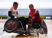 24 May 2025; Andy Allen of Ulster Barbarians in action against Seamus Ó Fátharta of Laois Lions during the Irish Wheelchair Rugby League final match between Ulster Barbarians and Laois Lions at the IWA Sports Centre in Clontarf, Dublin. The Irish Wheelchair Rugby League came to its conclusion at IWA-Sport, Clontarf, where Cork’s Rebel Wheelers Multi-Sport Club, Leinster Wheelchair Rugby Club and Ulster Barbarians faced off to decide who’d be crowned league champions. The league went right down to the wire with all three sides still mathematically able to clinch the title. Photo by Tyler Miller/Sportsfile
