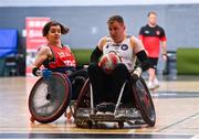24 May 2025; Seamus Ó Fátharta of Laois Lions in action against Carina Premstaller of Ulster Barbarians during the Irish Wheelchair Rugby League final match between Ulster Barbarians and Laois Lions at the IWA Sports Centre in Clontarf, Dublin. The Irish Wheelchair Rugby League came to its conclusion at IWA-Sport, Clontarf, where Cork’s Rebel Wheelers Multi-Sport Club, Leinster Wheelchair Rugby Club and Ulster Barbarians faced off to decide who’d be crowned league champions. The league went right down to the wire with all three sides still mathematically able to clinch the title. Photo by Tyler Miller/Sportsfile