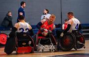 24 May 2025; Andy Allen of Ulster Barbarians in action against Jonny Mulhall, left, and Seamus Ó Fátharta of Laois Lions during the Irish Wheelchair Rugby League final match between Ulster Barbarians and Laois Lions at the IWA Sports Centre in Clontarf, Dublin. The Irish Wheelchair Rugby League came to its conclusion at IWA-Sport, Clontarf, where Cork’s Rebel Wheelers Multi-Sport Club, Leinster Wheelchair Rugby Club and Ulster Barbarians faced off to decide who’d be crowned league champions. The league went right down to the wire with all three sides still mathematically able to clinch the title. Photo by Tyler Miller/Sportsfile