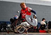 24 May 2025; Andy Allen of Ulster Barbarians during the Irish Wheelchair Rugby League final match between Ulster Barbarians and Laois Lions at the IWA Sports Centre in Clontarf, Dublin. The Irish Wheelchair Rugby League came to its conclusion at IWA-Sport, Clontarf, where Cork’s Rebel Wheelers Multi-Sport Club, Leinster Wheelchair Rugby Club and Ulster Barbarians faced off to decide who’d be crowned league champions. The league went right down to the wire with all three sides still mathematically able to clinch the title. Photo by Tyler Miller/Sportsfile
