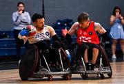 24 May 2025; Jonny Mulhall of Laois Lions in action against Chris Meneilly of Ulster Barbarians during the Irish Wheelchair Rugby League final match between Ulster Barbarians and Laois Lions at the IWA Sports Centre in Clontarf, Dublin. The Irish Wheelchair Rugby League came to its conclusion at IWA-Sport, Clontarf, where Cork’s Rebel Wheelers Multi-Sport Club, Leinster Wheelchair Rugby Club and Ulster Barbarians faced off to decide who’d be crowned league champions. The league went right down to the wire with all three sides still mathematically able to clinch the title. Photo by Tyler Miller/Sportsfile