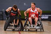 24 May 2025; Jack Squibb of Rebel Wheelers MSC in action against Chris Meneilly of Ulster Barbarians during the Irish Wheelchair Rugby League final match between Ulster Barbarians and Rebel Wheelers MSC at the IWA Sports Centre in Clontarf, Dublin. The Irish Wheelchair Rugby League came to its conclusion at IWA-Sport, Clontarf, where Cork’s Rebel Wheelers Multi-Sport Club, Leinster Wheelchair Rugby Club and Ulster Barbarians faced off to decide who’d be crowned league champions. The league went right down to the wire with all three sides still mathematically able to clinch the title. Photo by Tyler Miller/Sportsfile