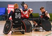 24 May 2025; Alan Lynch of Rebel Wheelers MSC in action against Andy Allen of Ulster Barbarians during the Irish Wheelchair Rugby League final match between Ulster Barbarians and Rebel Wheelers MSC at the IWA Sports Centre in Clontarf, Dublin. The Irish Wheelchair Rugby League came to its conclusion at IWA-Sport, Clontarf, where Cork’s Rebel Wheelers Multi-Sport Club, Leinster Wheelchair Rugby Club and Ulster Barbarians faced off to decide who’d be crowned league champions. The league went right down to the wire with all three sides still mathematically able to clinch the title. Photo by Tyler Miller/Sportsfile