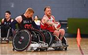 24 May 2025; Jack Squibb of Rebel Wheelers MSC in action against Andy Allen of Ulster Barbarians during the Irish Wheelchair Rugby League final match between Ulster Barbarians and Rebel Wheelers MSC at the IWA Sports Centre in Clontarf, Dublin. The Irish Wheelchair Rugby League came to its conclusion at IWA-Sport, Clontarf, where Cork’s Rebel Wheelers Multi-Sport Club, Leinster Wheelchair Rugby Club and Ulster Barbarians faced off to decide who’d be crowned league champions. The league went right down to the wire with all three sides still mathematically able to clinch the title. Photo by Tyler Miller/Sportsfile