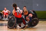 24 May 2025; Andy Allen of Ulster Barbarians in action against Jade Flynn-Hurley of Rebel Wheelers MSC during the Irish Wheelchair Rugby League final match between Ulster Barbarians and Rebel Wheelers MSC at the IWA Sports Centre in Clontarf, Dublin. The Irish Wheelchair Rugby League came to its conclusion at IWA-Sport, Clontarf, where Cork’s Rebel Wheelers Multi-Sport Club, Leinster Wheelchair Rugby Club and Ulster Barbarians faced off to decide who’d be crowned league champions. The league went right down to the wire with all three sides still mathematically able to clinch the title. Photo by Tyler Miller/Sportsfile