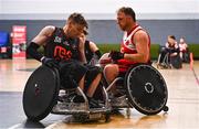 24 May 2025; Jack Squibb of Rebel Wheelers MSC in action against Chris Meneilly of Ulster Barbarians during the Irish Wheelchair Rugby League final match between Ulster Barbarians and Rebel Wheelers MSC at the IWA Sports Centre in Clontarf, Dublin. The Irish Wheelchair Rugby League came to its conclusion at IWA-Sport, Clontarf, where Cork’s Rebel Wheelers Multi-Sport Club, Leinster Wheelchair Rugby Club and Ulster Barbarians faced off to decide who’d be crowned league champions. The league went right down to the wire with all three sides still mathematically able to clinch the title. Photo by Tyler Miller/Sportsfile